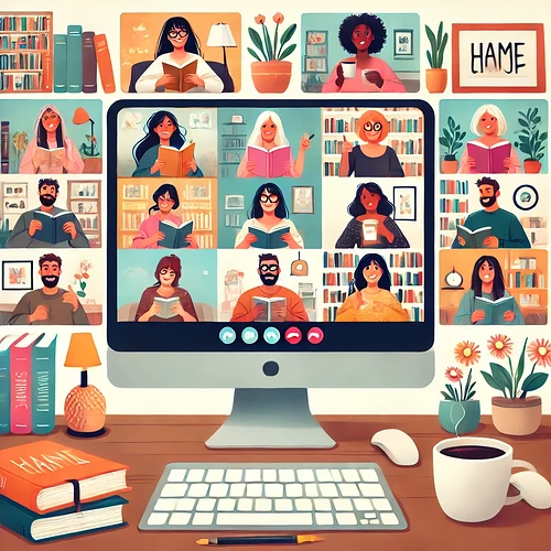 DALL·E 2025-01-23 18.41.18 - An illustration of a virtual reading group, featuring a diverse group of people on a video conference call. Each person is shown in their individual s